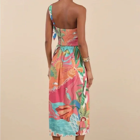 Lulus Hilinai Blue Multi Tropical Print Wrap Midi Dress - Picture 3 of 6